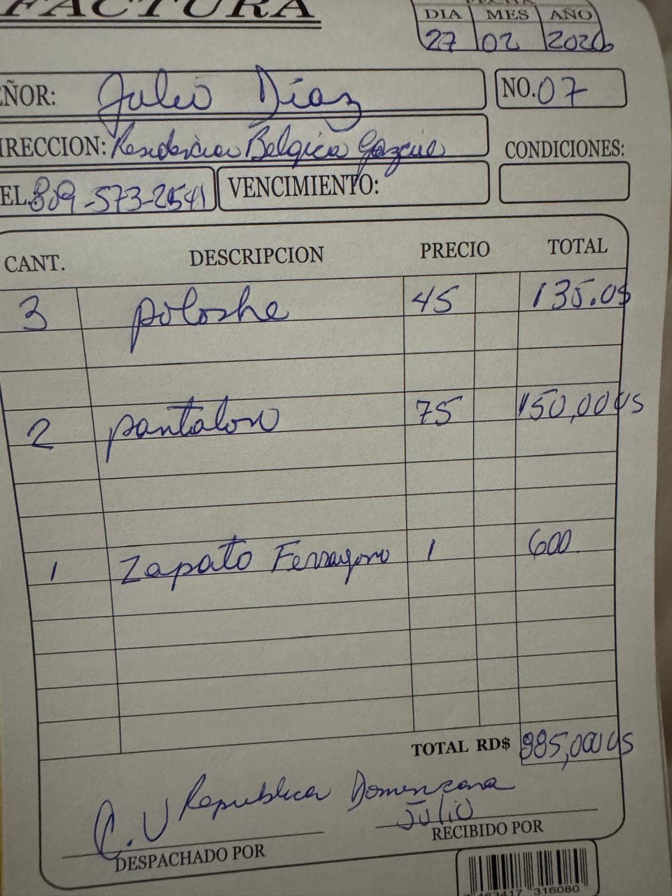 Factura de Julio Díaz — Poloshes + pantalones + Ferragamo