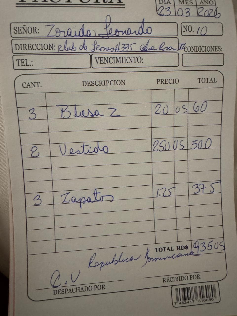 Factura de Zoraida Leonardo — Blusas + vestidos + zapatos