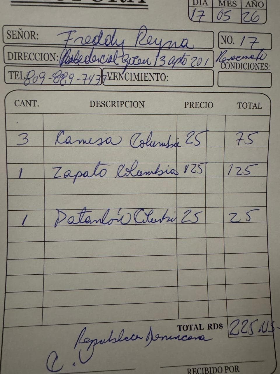 Factura de Freddy Reyna — Camisas + zapato Columbia